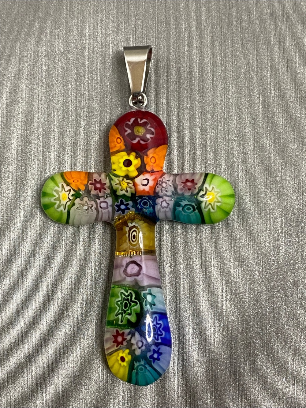 Murano Style Millefiori Glass Cross Pendant Multicolor Floral Venetian